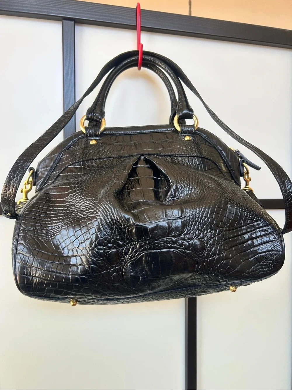 Brahmin Black Croc-Embossed Leather Satchel with Gold Hardware
